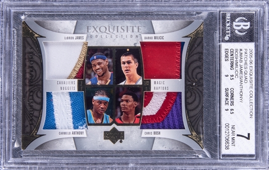 2005-06 UD "Exquisite Collection" Patches Quad #JMAB James/Anthony/Bosh/Milicic Game Used Patch Card (#2/3) - BGS NM 7 